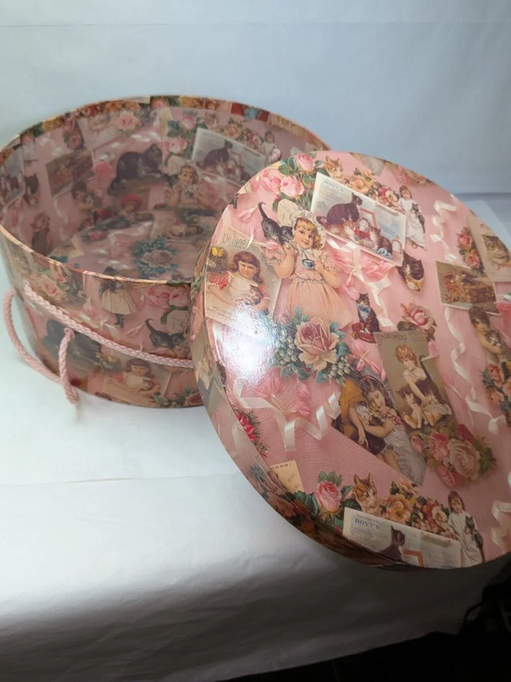 Vintage Victorian Cat Trade Card Collage Hat Box Pink Kittens Storage Case 14